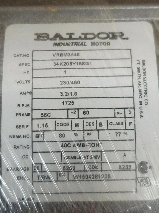 Used NIB BALDOR VRBM3546 3-PHASE MOTOR 1HP 60HZ 1725RPM 230/460V