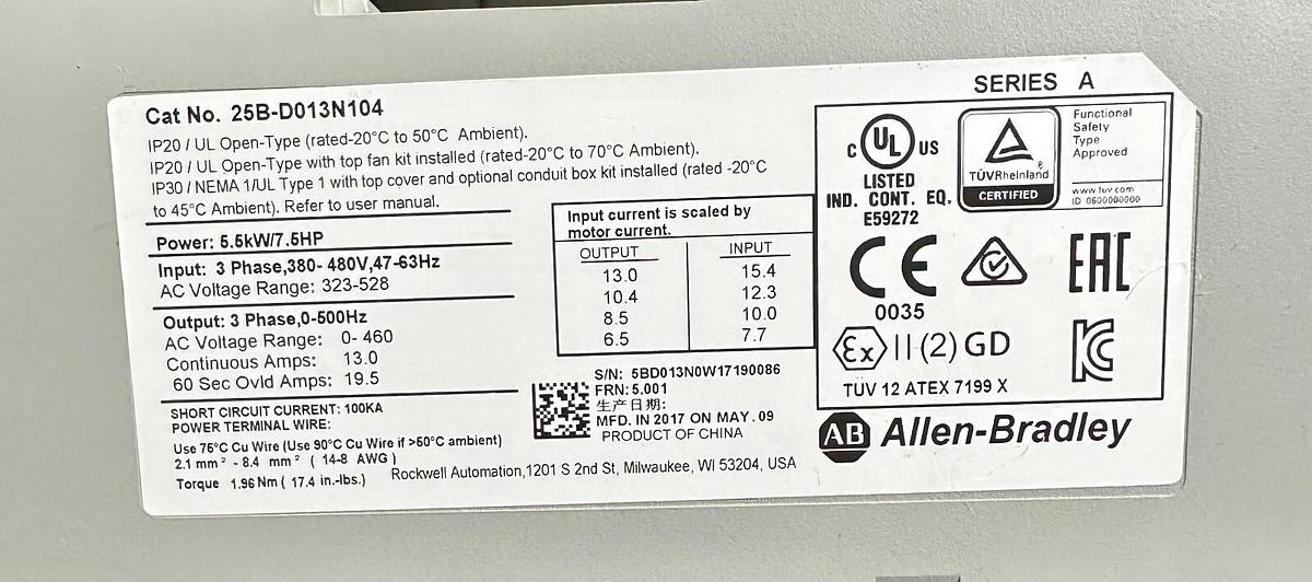 Used ALLEN BRADLEY 25B-D013N104 /A PowerFlex 525 AC DRIVE 5.5kW/7.5HP 25BD013N104
