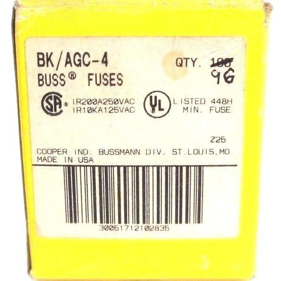 Used BOX OF 96 NEW COOPER BUSSMANN BK/AGC-4 BUSS FUSES 4AMP 250VAC