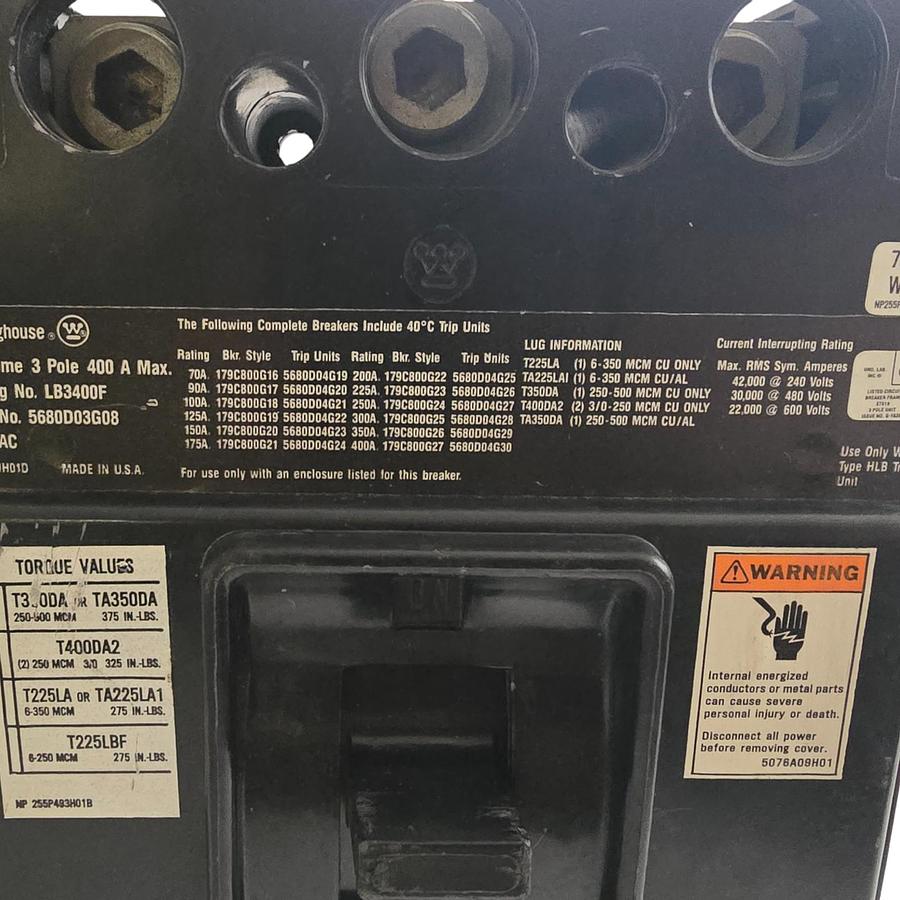Used EATON WESTINGHOUSE LB3400F CIRCUIT BREAKER 3P 400A 5680D03G08 w/ 300A TRIP NSNP