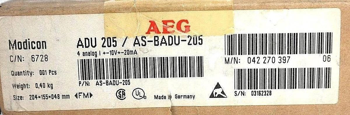 Used NIB AEG MODICON ADU 205 / AS-BADU-205 4-ANALOG MODULE C/N: 6728 REV. 06