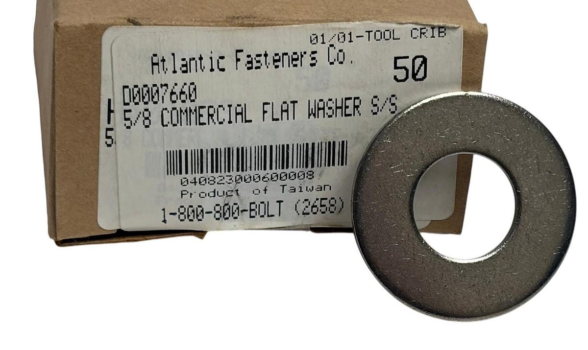 Used Atlantic Fasteners 5/8 Commercial Flat Washer Stainless Steel Box of 50