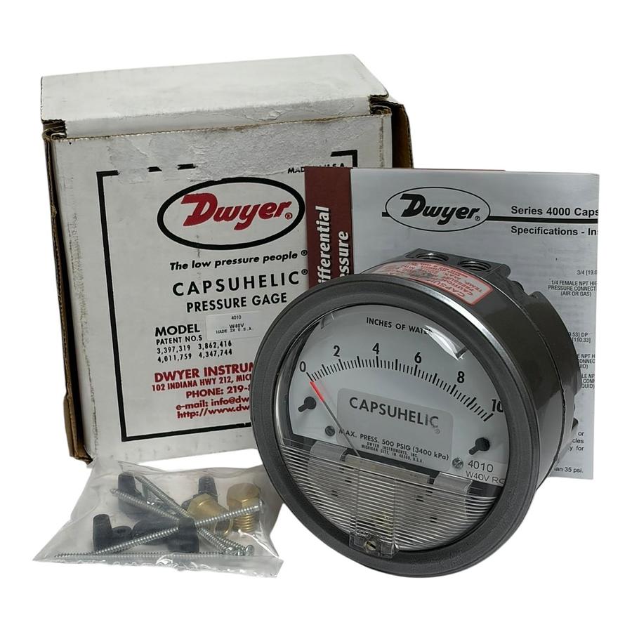 Used Dwyer 4010 Capsuhelic Differential Pressure Gauge 0-10 Inches of Water New