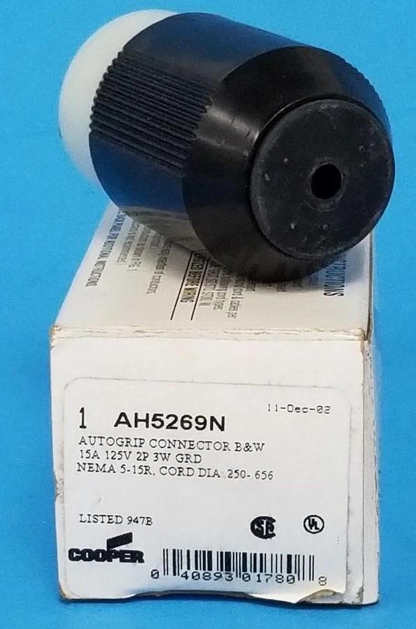 Used NIB COOPER ARROW HART AH5269N AUTOGRIP CONNECTOR B&W 15A 125V 2P 3W GRD