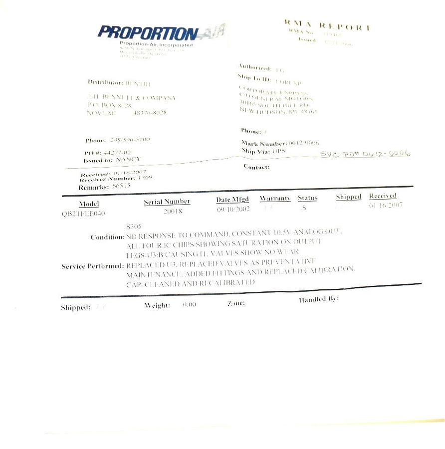 Used PROPORTION AIR INC. QB2TFEE040 PRESSURE CONTROL VALVE MODIFICATIONS 305