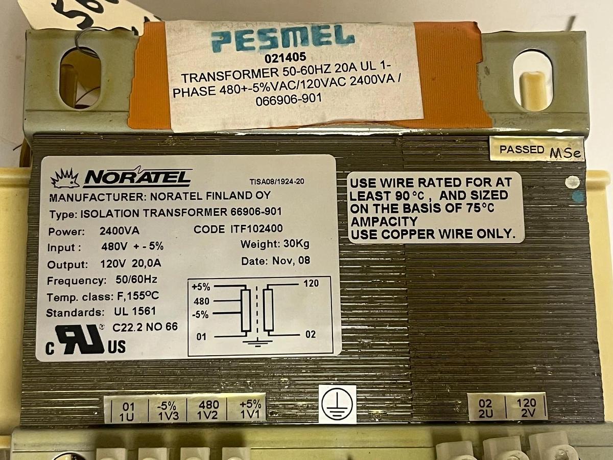 NORATEL 66906-901 Isolation Transformer 2400VA 480V In 120V Out 20A 50/60Hz NSNP