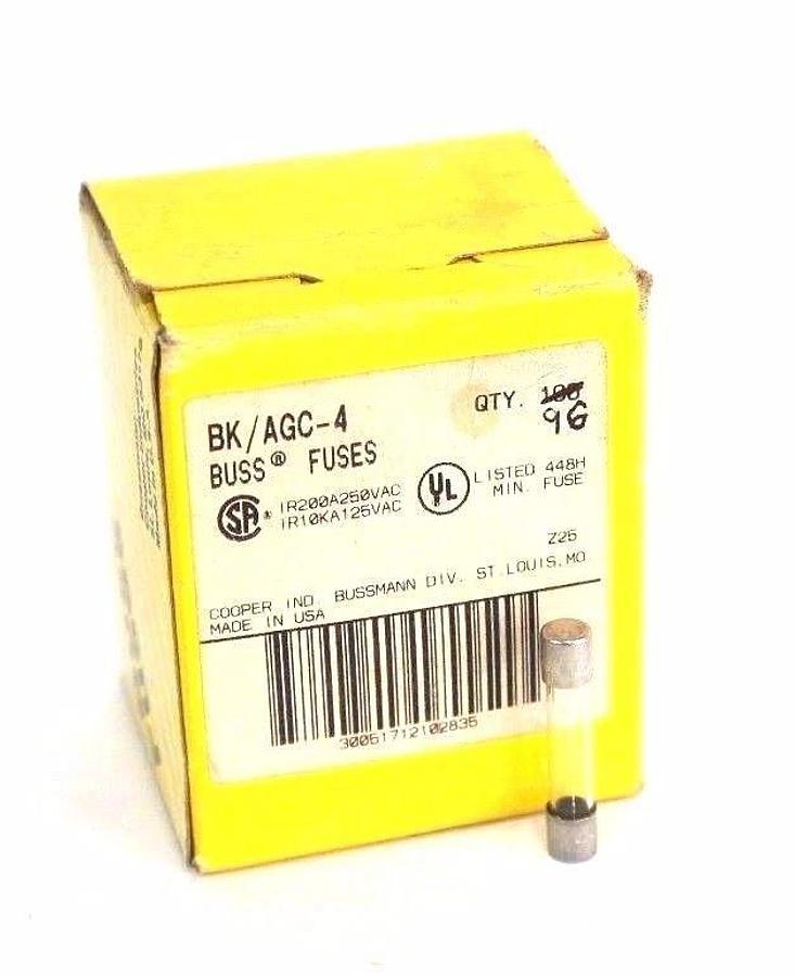 Used BOX OF 96 NEW COOPER BUSSMANN BK/AGC-4 BUSS FUSES 4AMP 250VAC