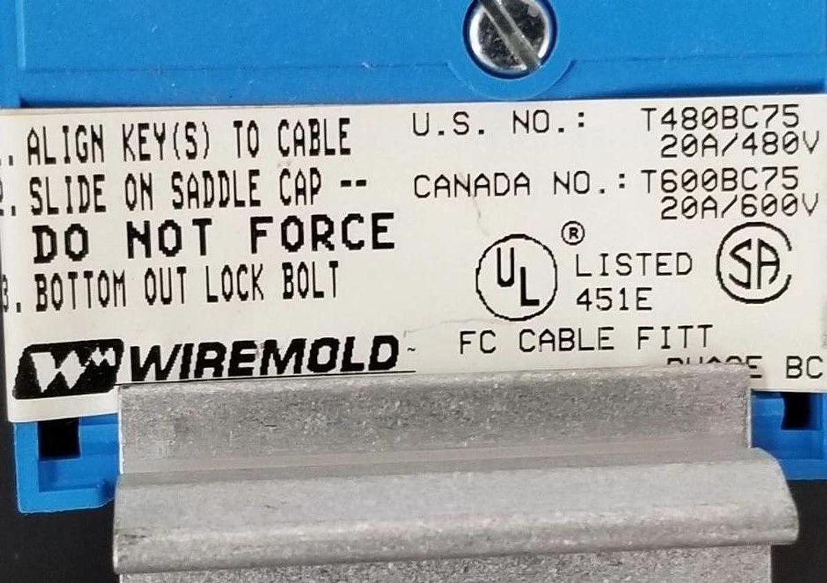 Used NIB WIREMOLD T480BC75 TAP & FIXTURE HANGER 3/4'' 20A/480V RED/BLUE T600BC75