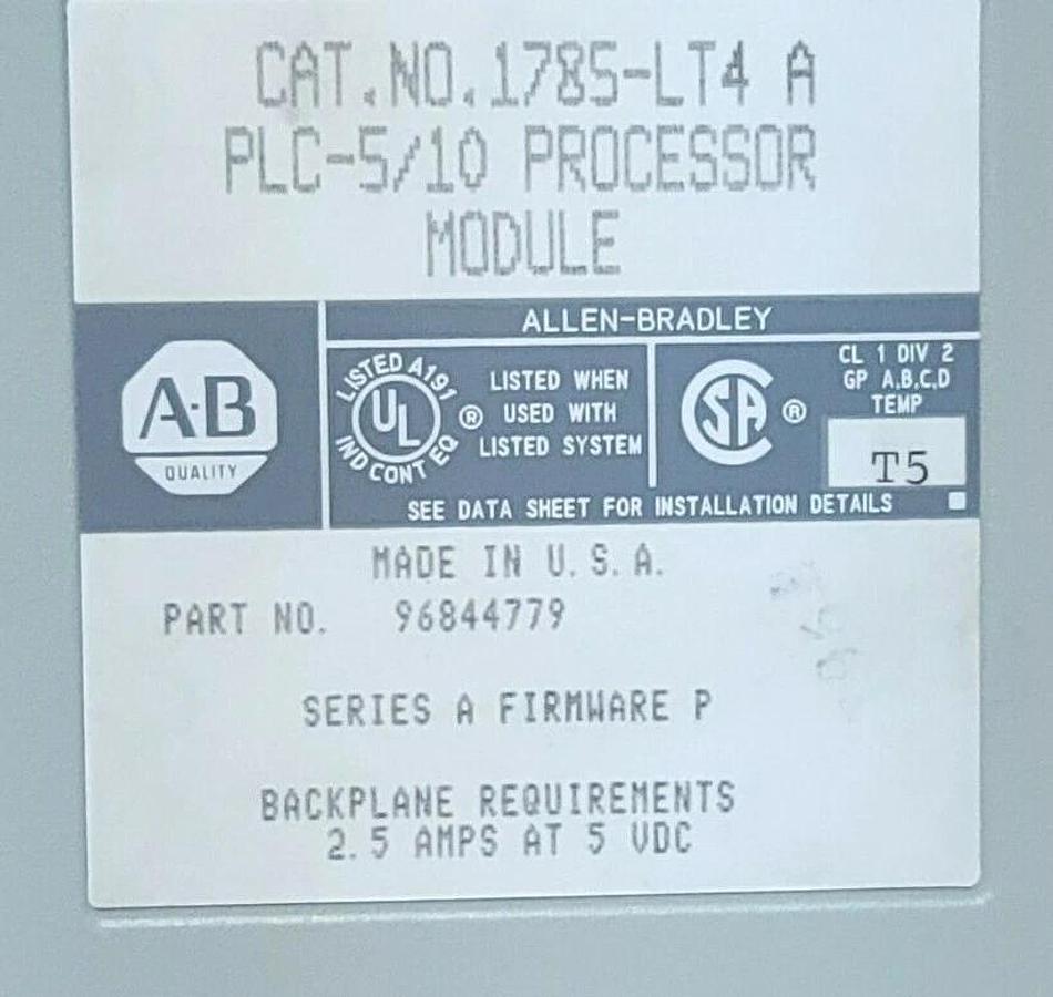 Used ALLEN BRADLEY 1785-LT4 SER. A FW. P PLC-5/10 PROCESSOR 1785LT4