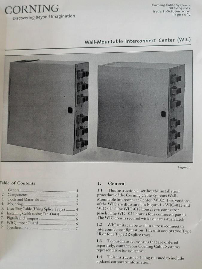 Used NIB CORNING WIC-012-25 WALL-MOUNT INTERCONNECT CENTER WIC01225