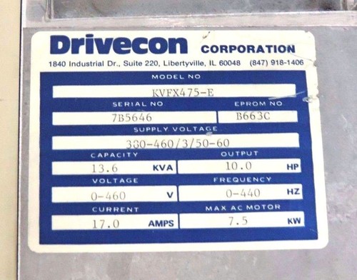 Used DRIVECON KVFX-475-E TRANSISTOR INVERTER 380/460V, 50/60HZ, 17A, 10HP, KVFX475E