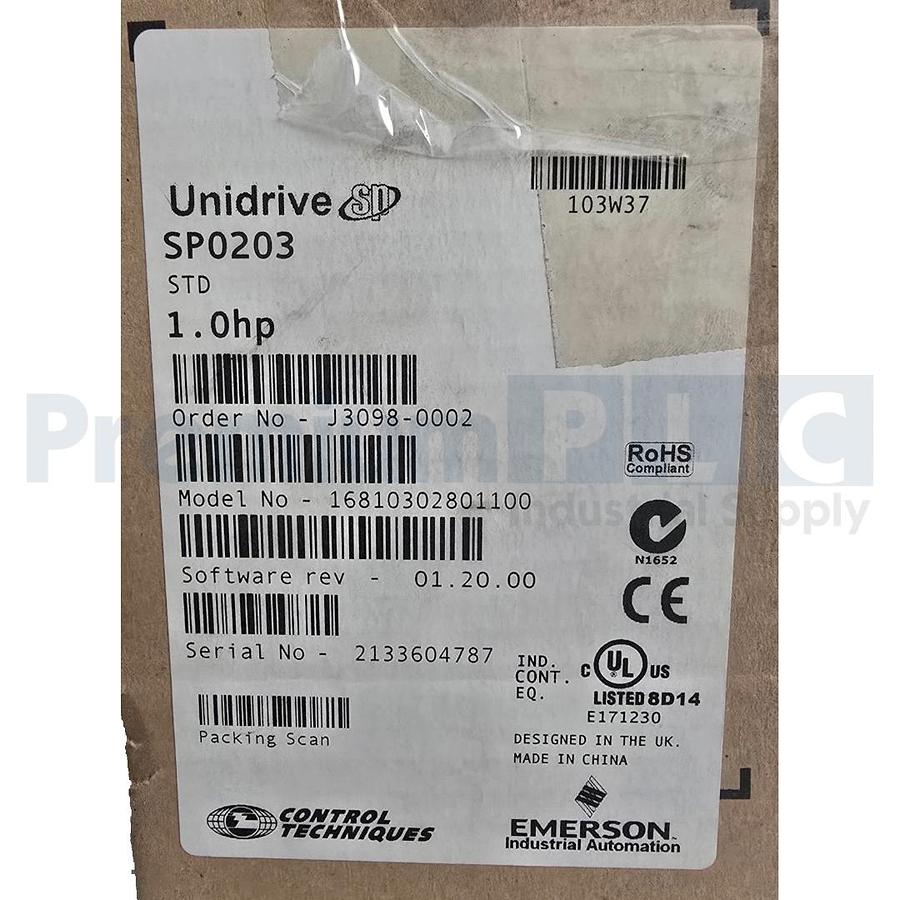 Used EMERSON CONTROL TECHNIQUES SP0203 UNIDRIVE SP 1.0HP 3098-0002 W/O KEYPAD NSMP