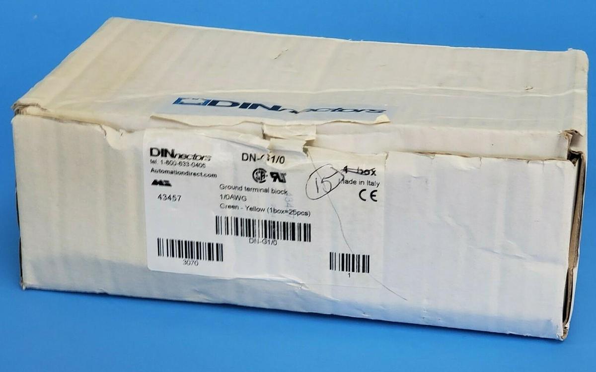 Used BOX OF 15 NEW AUTOMATION DIRECT DN-G1/0 TERMINAL BLOCKS GREEN-YELLOW 1/0AWG