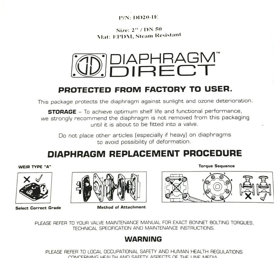 NIB DIAPHRAGM DIRECT DD20-IE DIAPHRAM SIZE: 2'' / DN 50 MAT: EPDM, STEAM RESIST.