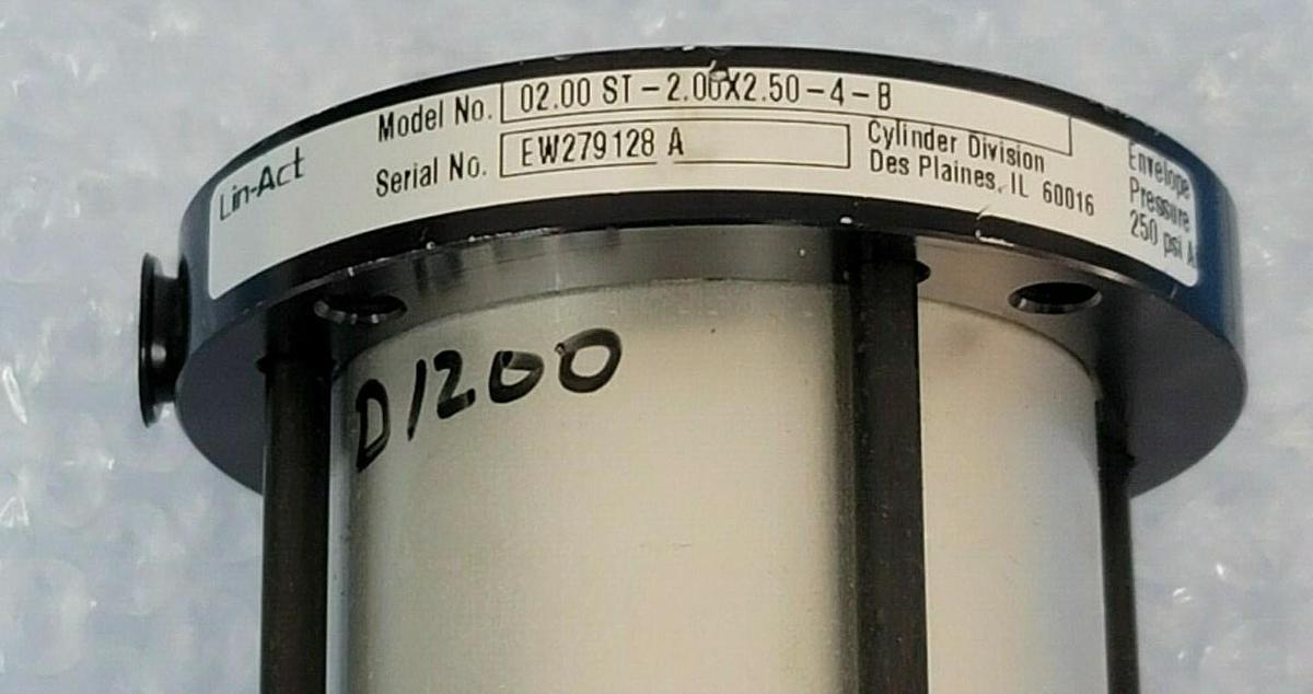 Used LIN-ACT 02.00 ST-2.00X2.50-4-B CYLINDER ENVOLOPE PRESSURE 250PSI AIR