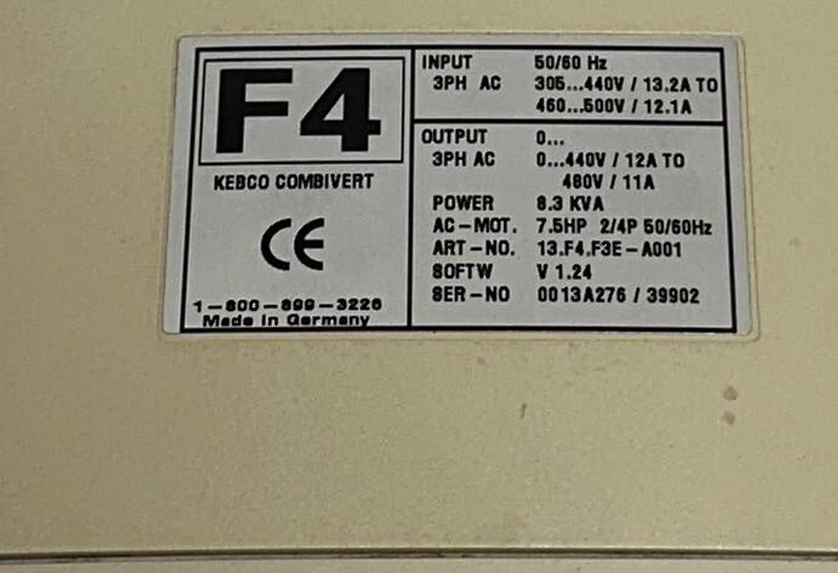 Used KEBCO KEB 13.F4.F3E-A001 / 13F4F3E-A001 F4 COMBIVERT INVERTER 7.5HP 8.3KVA USPI