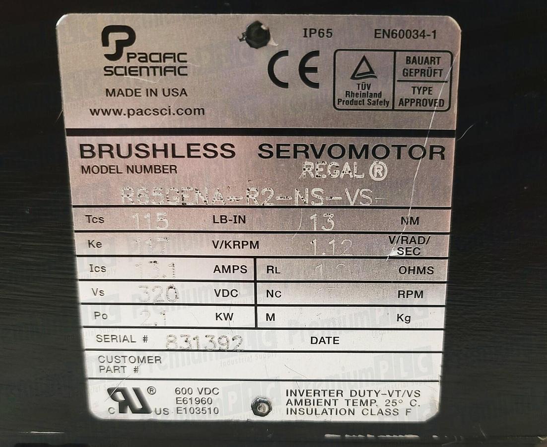Used PACIFIC SCIENTIFIC R65GENA-R2-NS-NV-00 BRUSHLESS SERVO MOTOR 2.1KW 13.1A NEW