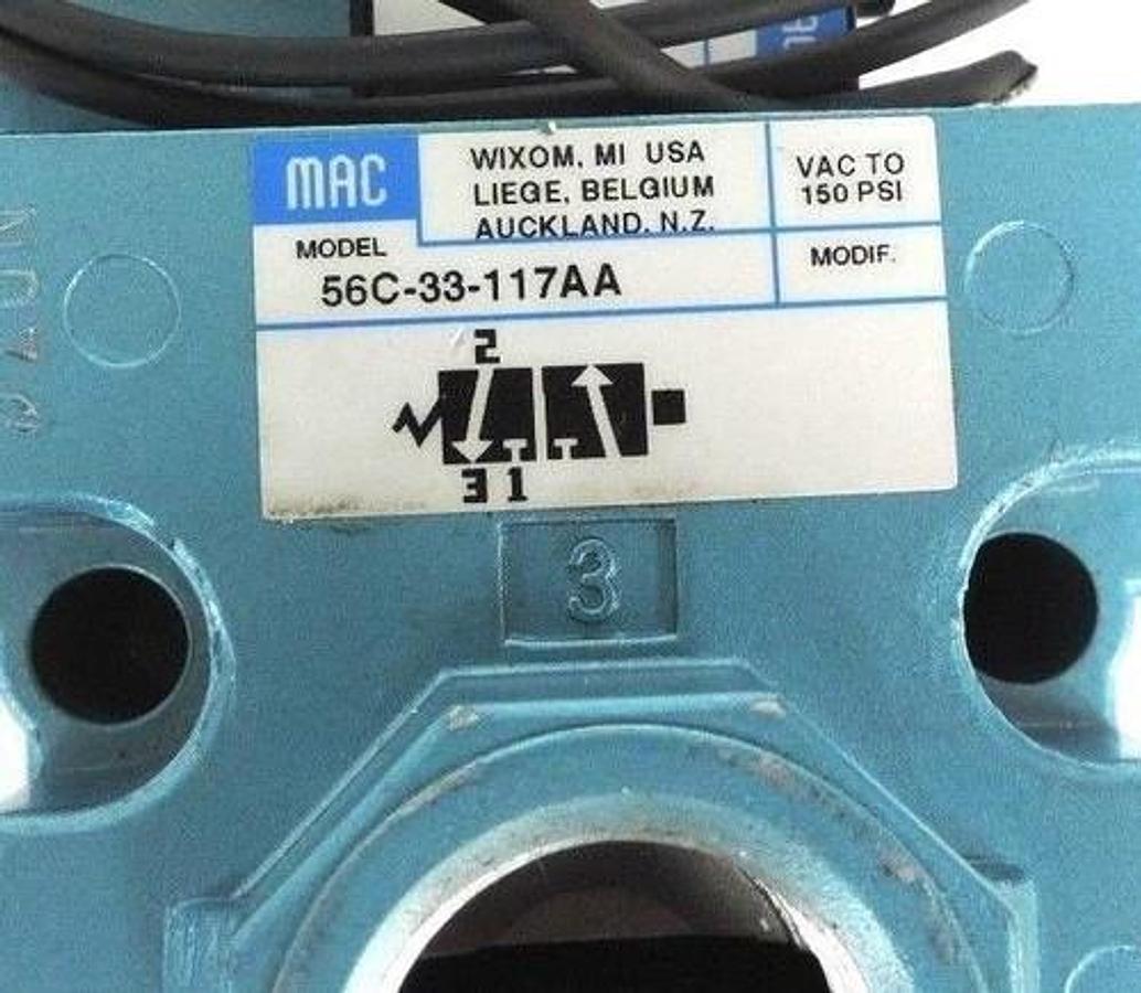 Used MAC 56C-33-117AA VALVE 120VAC 150PSI W/ SOLENOID 130B-117AAAA, 6.8W 25-150PSI