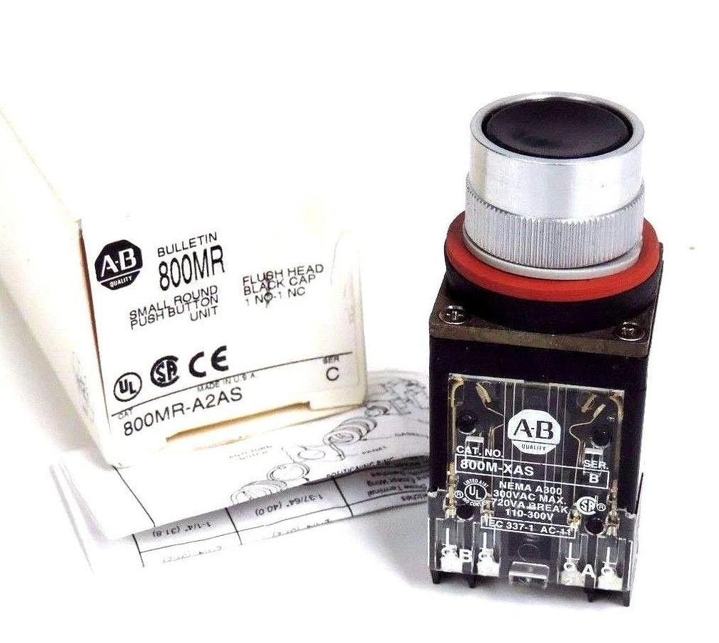 NIB ALLEN BRADLEY 800MR-A2AS SER. C SMALL ROUND PUSH BUTTON BLACK, 800MRA2AS