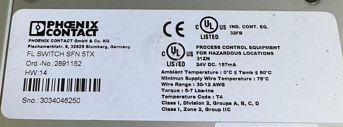 Used PHOENIX CONTACT FL SWITCH SFN 5TX INDUSTRIAL ETHERNET SWITCH 5-PORT 2891152