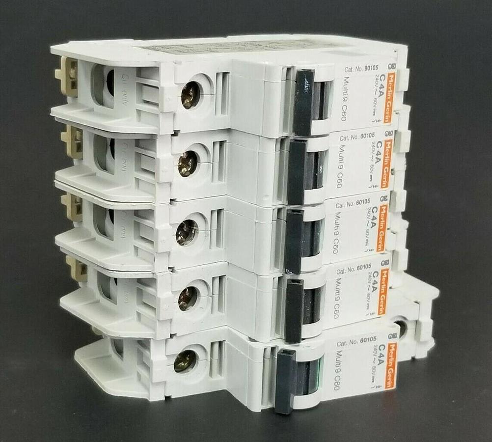 Used LOT OF 5 MERLIN GERIN CAT. NO. 60105 MULTI9 C60 CIRCUIT BREAKERS C4A 240V/60V