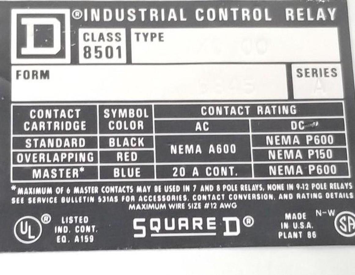Used SQUARE D 8501-X0-00 CONTROL RELAY 9845 SER. A 9998-X62 W/ ADDER DECK 8501XC1