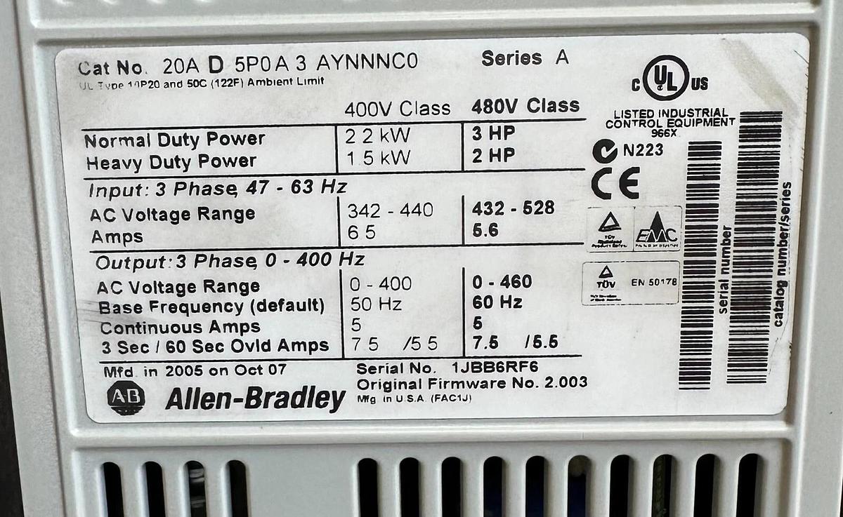 Used ALLEN BRADLEY 20AD5P0A3AYNNNC0 /A PowerFlex 70 AC DRIVE 2.2kW/3HP W/ 20-HIM-A3