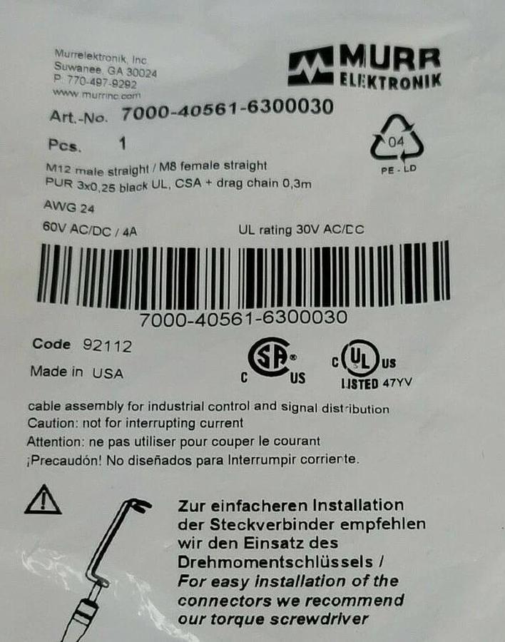 Used NEW MURR ELEKTRONIK 7000-40561-6300030 M12 MALE STRAIGHT / M8 FEMALE STRAIGHT