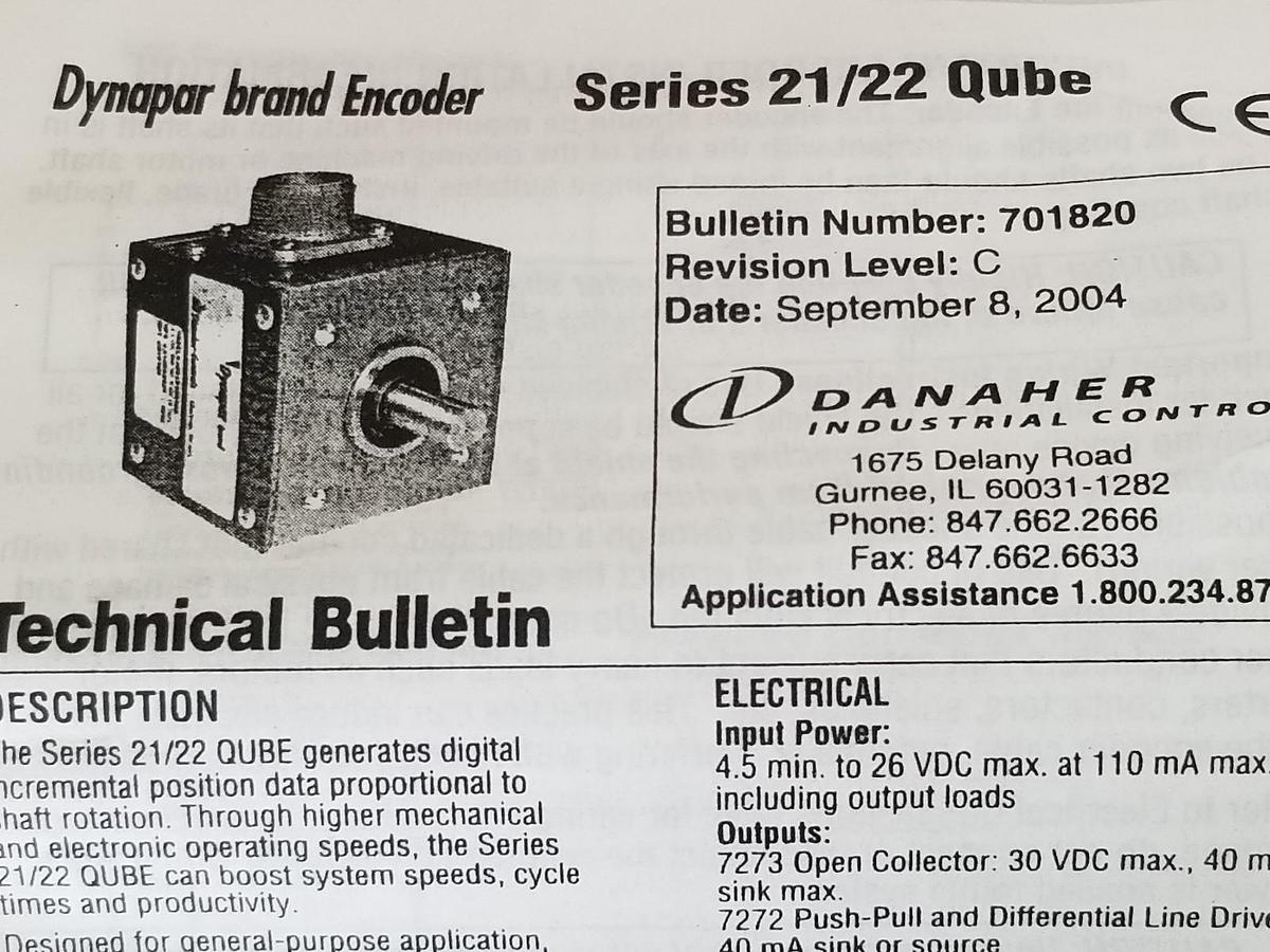 Used NIB DANAHER DYNAPAR 2106001010 ENCODER 3/8 SFT, SGL END, W/O P/U, MS CON