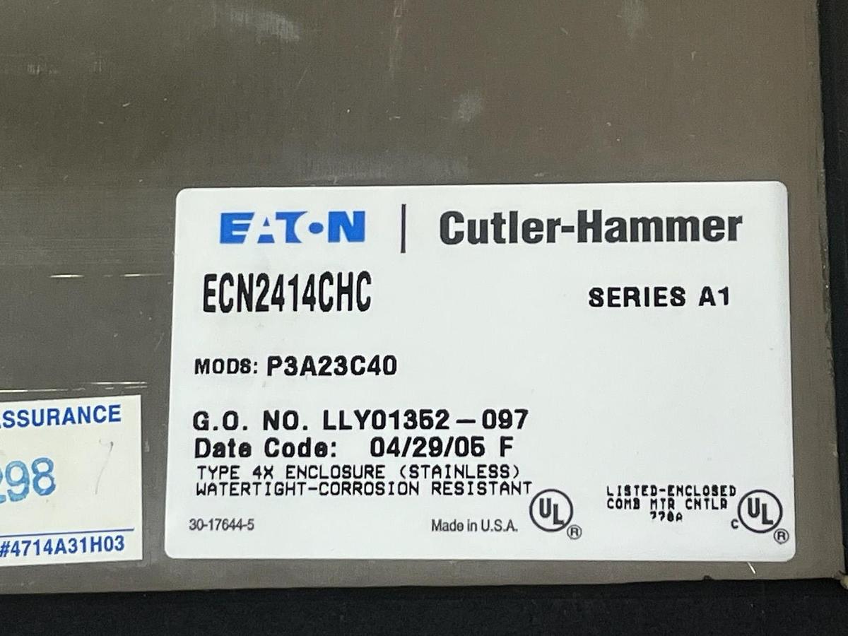 Used Eaton ECN2414CHC Stainless 4X Enclosure w/ HMCP Breaker & Transformer, P3A23C40