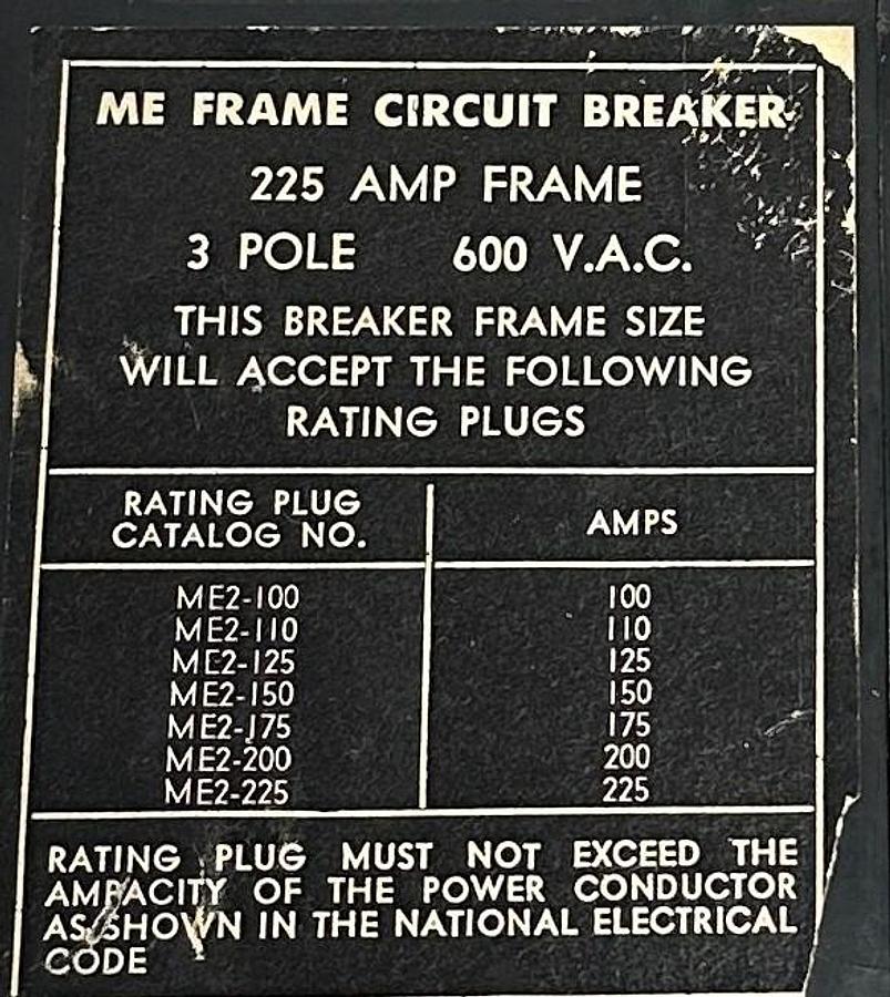 Used SQUARE D ME236G ME FRAME CIRCUIT BREAKER 225A FRAME 600VAC ME2-200 PLUG USNP