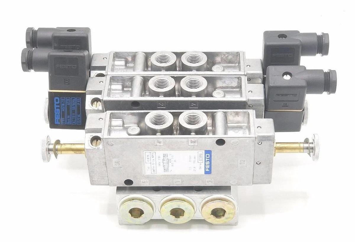 Used FESTO SOLENOID BLOCK VALVE ASSEMBLY JMFH-5-1/4-NPT, 10876, 0389 W/MSFW-110 COILS