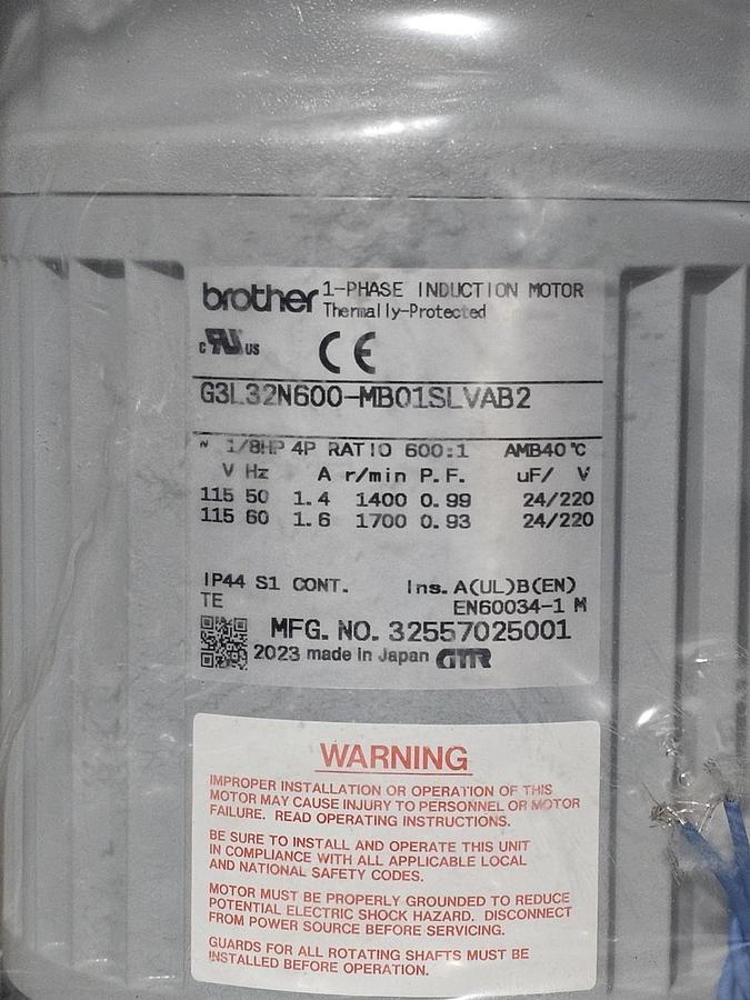 Used GTR / Brother G3L32N600-MB01SLVAB2 Electric Brake Gearmotor 600:1 1/8HP, 1 Phase