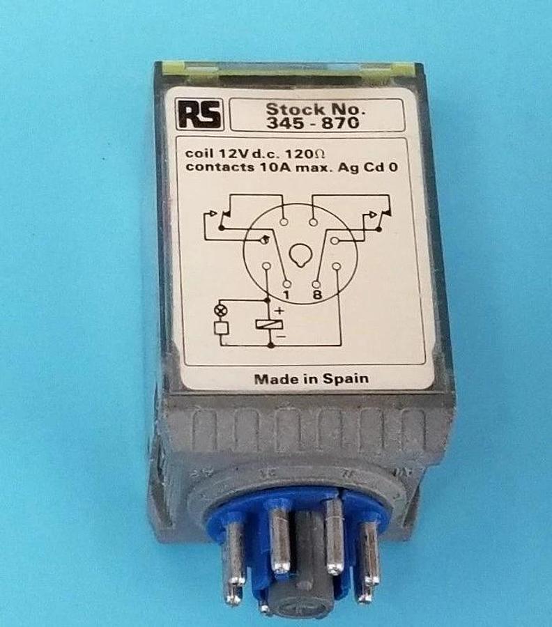 Used RS COMPONENTS 345-870 RELAY 12VDC/120OHM COIL, 10A CONTACTS, 345870