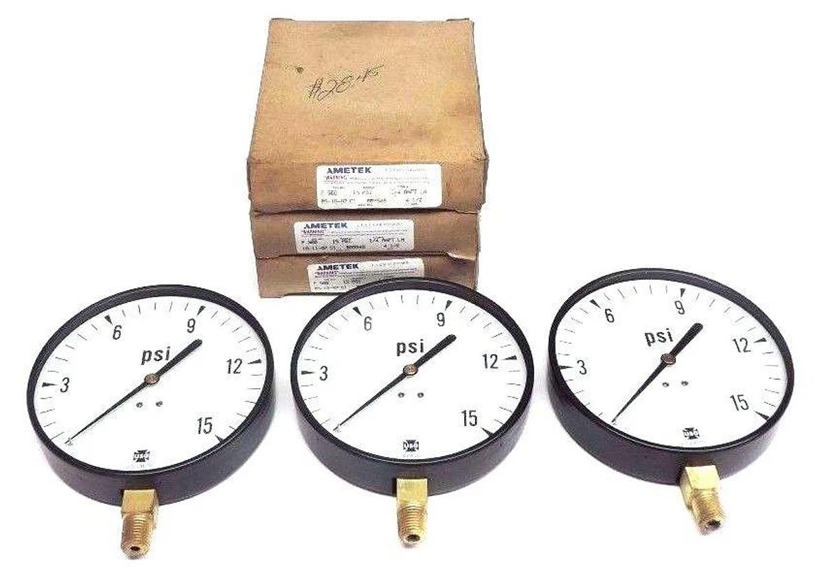 Used LOT OF 3 NIB AMETEK 005546 PRESSURE GAUGES FIG. NO. P 500 RANGE: 15 PSI, 4-1/2''