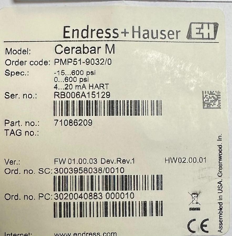 Used NEW ENDRESS + HAUSER PMP51-9032/0 Cerabar M HART TRANSMITTER 71316567 71086209