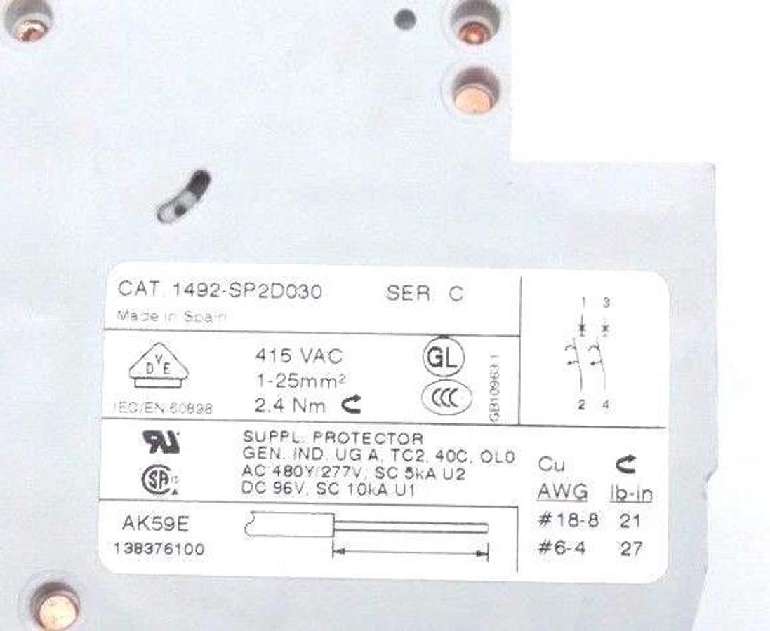 Used ALLEN BRADLEY 1492-SP2D030 CIRCUIT BREAKER SER. C, 3A, 415VAC, 1492-SP2D030