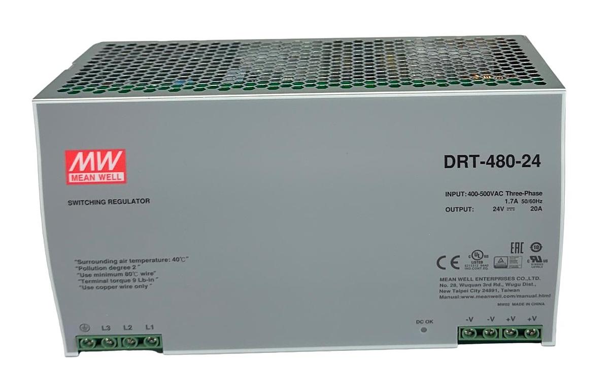 Used MEAN WELL DRT-480-24 / DRT48024 SWITCHING REGULATOR POWER SUPPLY 3PH 20A NSMP