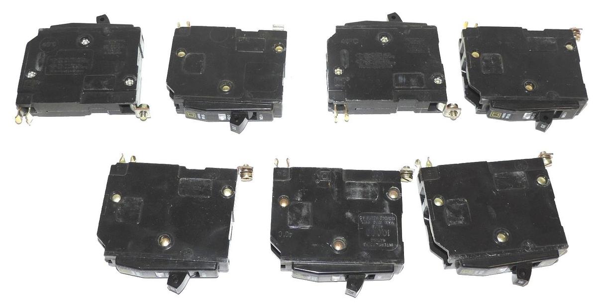 Used LOT OF 7 SQUARE D TIPO QOB, CIRCUIT BREAKERS, 20 AMP, 120/240 VAC