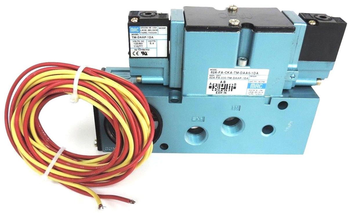 Used MAC 82A-FA-CKA-TM-DAA5-1DA VALVE W/ TM-DAAP-1DA SOLENOIDS 6.4 WATTS *NO HARDWARE