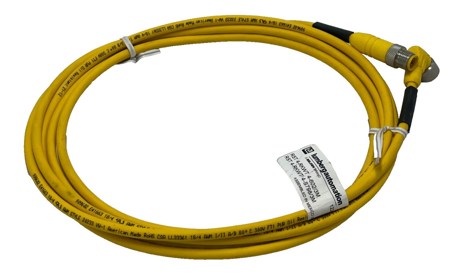 Used LUMBERG RST 4-RKWT M12 Male Straight to Female Right Angle 4-Pin Cordset 1228mm
