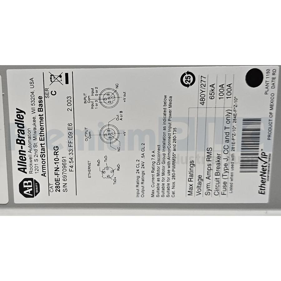 Used ALLEN BRADLEY 284E-FVD2P3Z-10-RRG-SBG-DB1-EMI /C EtherNet/IP ArmorStart VFD NSMP