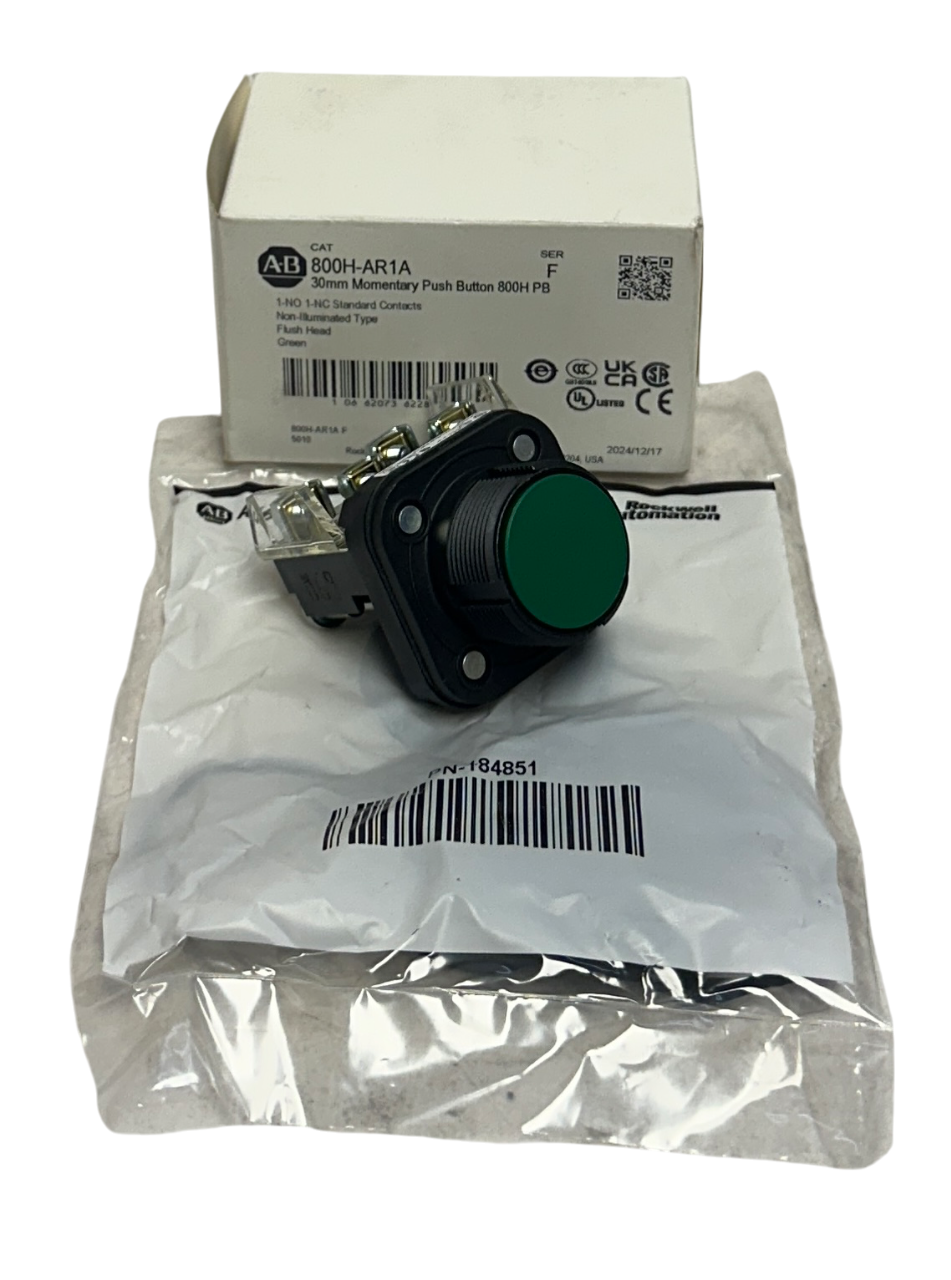 Used ALLEN BRADLEY 800H-AR1A /F 30mm MOMENTARY PUSH BUTTON 800H PB FLUSH GREEN NSMP