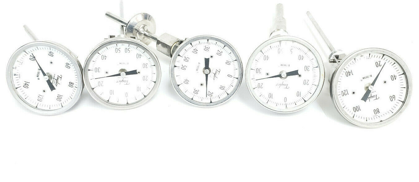 Used LOT OF 5 TAYLOR BI-THERM THERMOMETERS -50-50DEG C & 20-120DEG C, VARIOUS LENGTHS