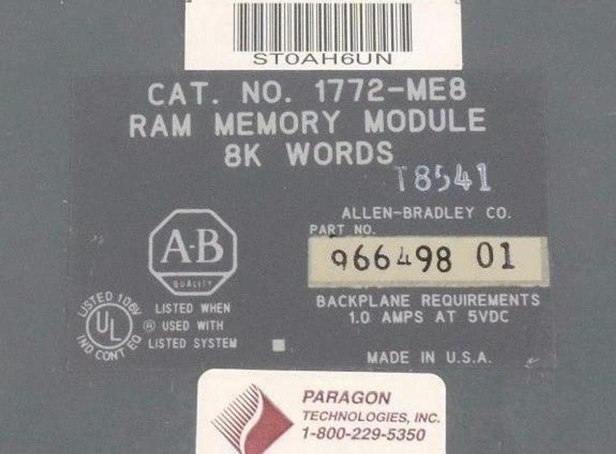 Used ALLEN BRADLEY 1772-ME8 RAM MEMORY MODULE 8K 966498-01 W/ 960235 REV E1 PC BOARD
