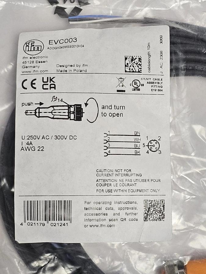 Used NEW IFM ADOGH040MSS0010H04 CONNECTING CABLE EVC003 LENGTH 10M