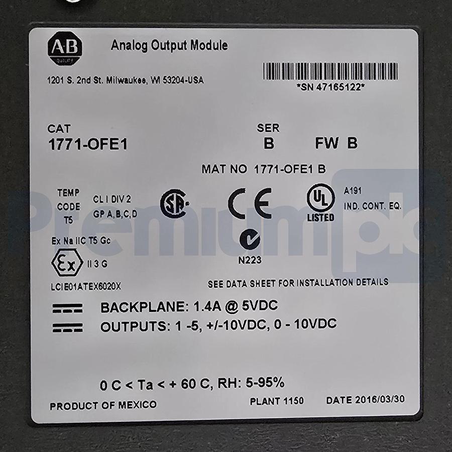 Surplus Allen Bradley 1771-OFE1 /B PLC-5 Analog Output Module FW. B 1771OFE1