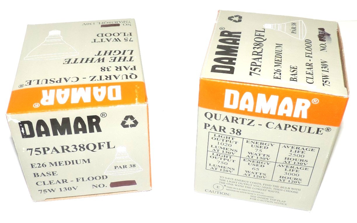 LOT OF 2 NIB DAMAR 75PAR38QFL CLEAR FLOOD LIGHTS, E26 MEDIUM, 75 WATT, 130 VOLT