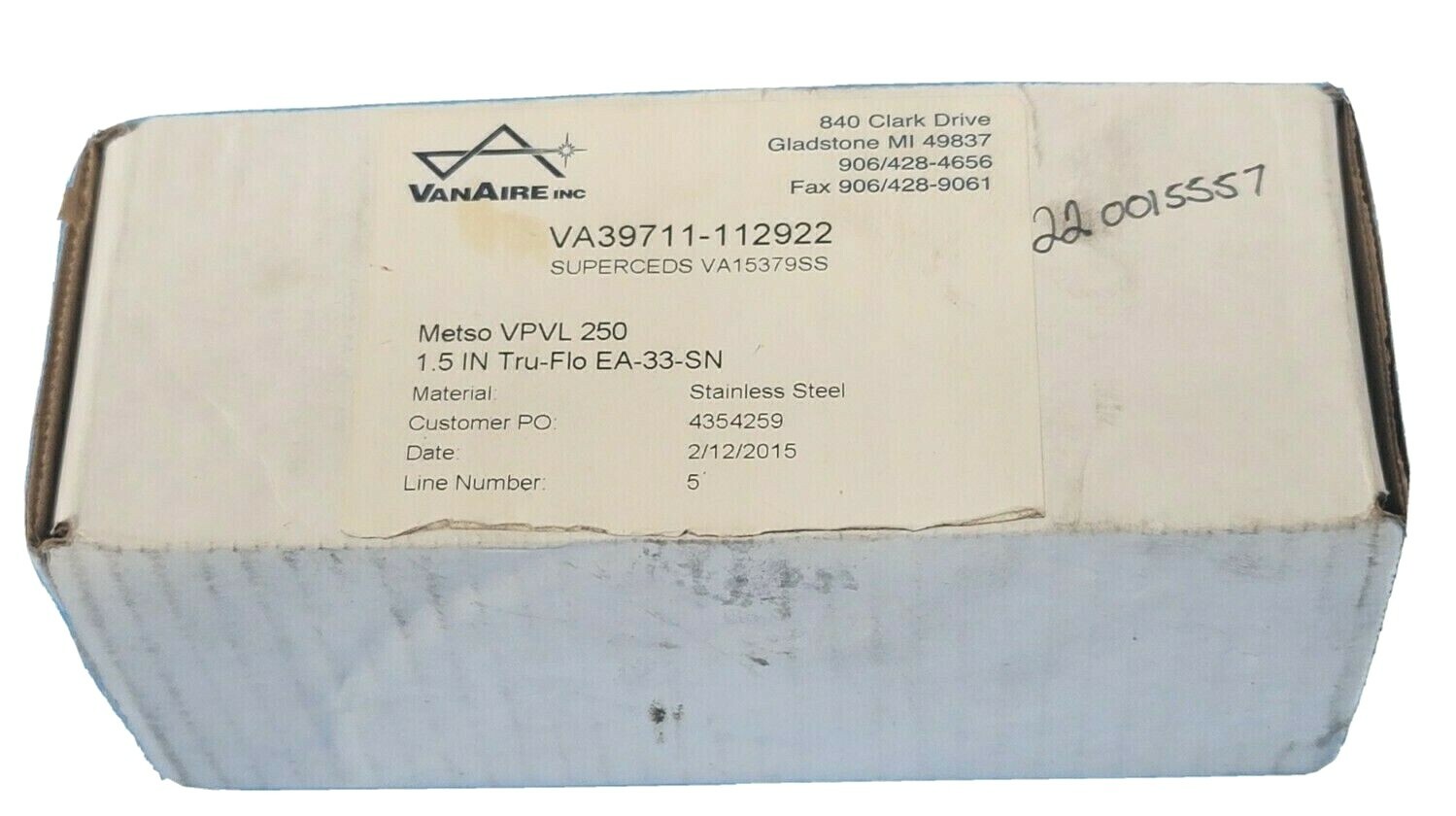 NIB VANAIRE INC VA39711-112922 SUPERCEDS VA15379SS METSO VPVL 250