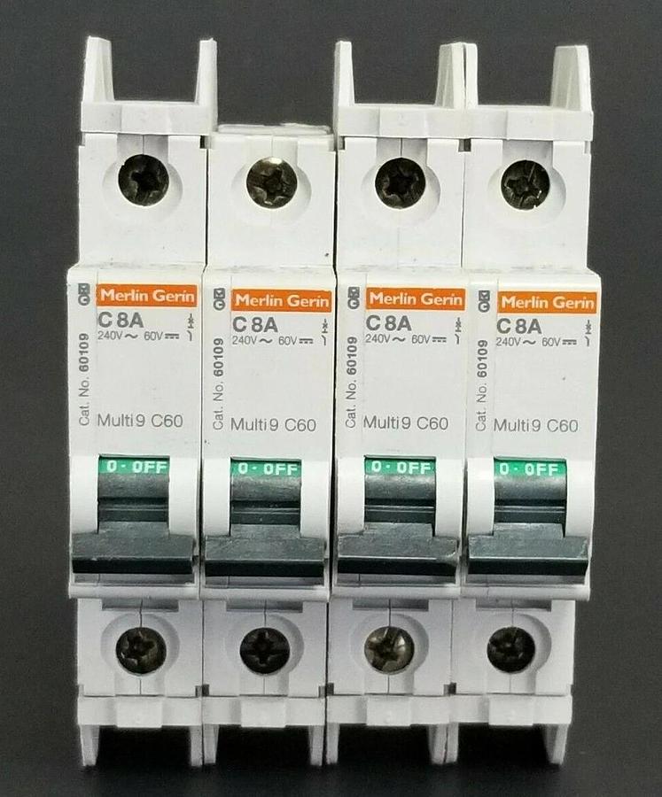 Used LOT OF 4 MERLIN GERIN CAT. NO. 60109 MULTI9 C60 CIRCUIT BREAKERS C8A 240V/60V